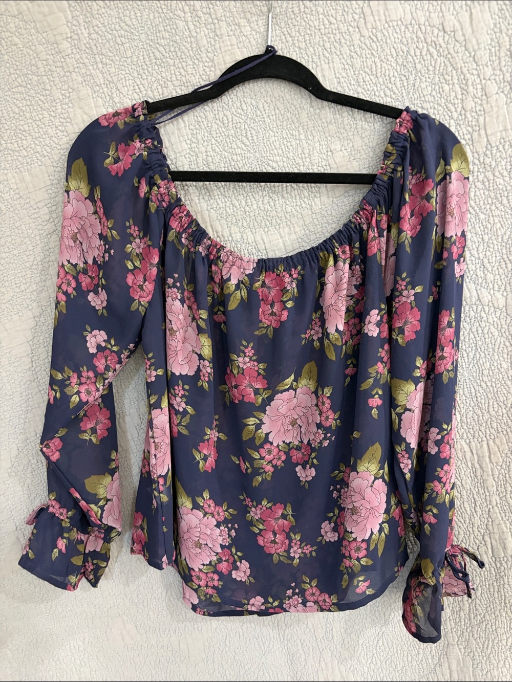 Aeropostale Navy Floral Off-Shoulder Blouse with Pink Blooms